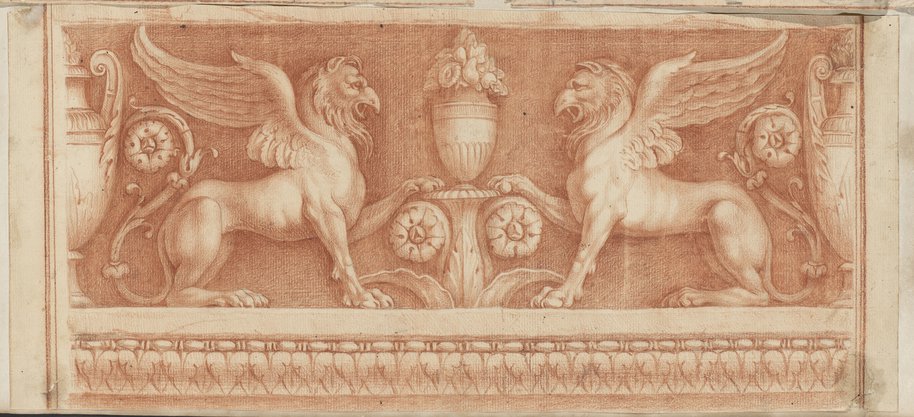 Visible reflectance photograph Red chalk drawing of a frieze with fruit vase flanked by two griffins