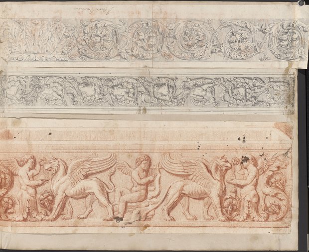 Auflichtaufnahme Drei Friese, der mittlere quer, mit Ranken, Eroten und Tieren