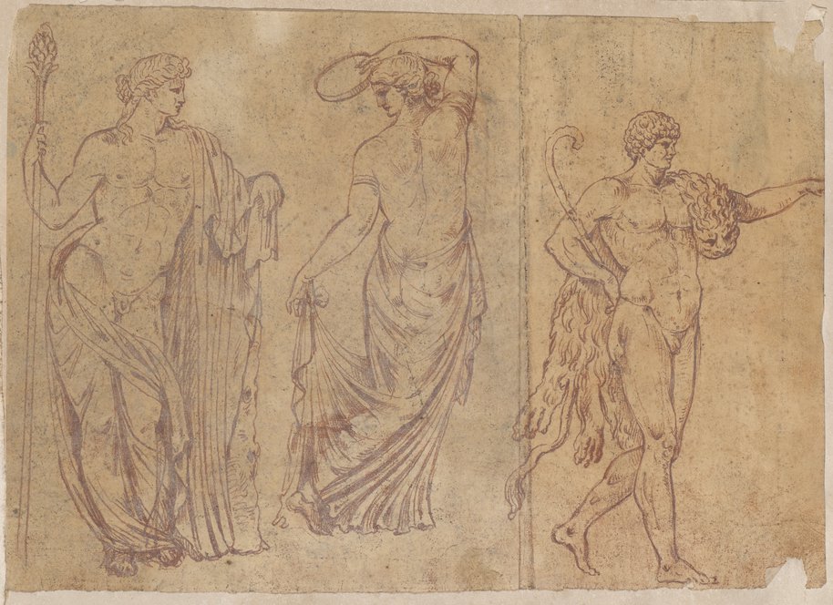 Visible reflectance photograph Red chalk drawing of a Bacchus, a dancing maenad and a satyr slightly reduced in scale