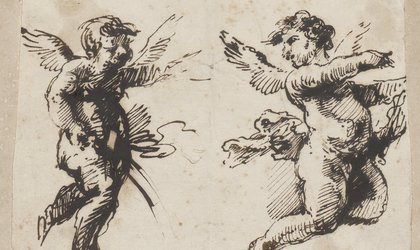 Zeichnung zweier Putten, wobei die rechte nach rechts deutend die linke anblickt.