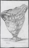 Infrarotreflektografie Grobe tiefenräumliche Skizze der sogenannten Stowe-Vase, leicht in die Diagonale nach oben rechts fluchtend, mit schwarzem Stift gezeichnet