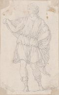 Visible reflectance photograph Drawing in black chalk of a standing figure with a shawl draped over his shoulders and laced shoes