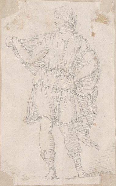 Auflichtaufnahme Zeichnung mit schwarzer Kreide von einer stehenden Figur mit über die Schultern gelegtem Tuch und geschnürten Schuhen