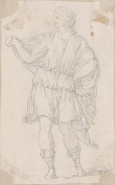 Visible reflectance photograph Drawing in black chalk of a standing figure with a shawl draped over his shoulders and laced shoes