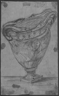 UV-Reflektografie Grobe tiefenräumliche Skizze der sogenannten Stowe-Vase, leicht in die Diagonale nach oben rechts fluchtend, mit schwarzem Stift gezeichnet