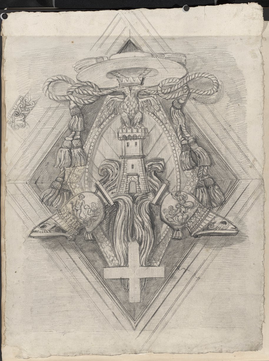 Auflichtaufnahme Zeichnung einer rautenförmigen Wappenkartusche, gefüllt unter anderem mit griechischem Kreuz, Trophäen, Festungsturm und bekröntem Adler als  Entwurf für den Deckenstuck in der Kirche Santa Maria del Priorato