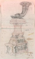 Infrarot-Falschfarben-Aufnahme Feder-, Kreide- und Graphitzeichnung eines Rhyton-Kandelaber mit Eberkopf-geschmücktem Trinkhorn auf mehrstufigem, ornamental gestaltetem Postament