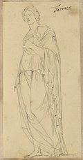 UV-Falschfarben-Aufnahme Federzeichnung einer weiblichen stehenden Figur, der Flora Farnese, mit einem Kranz in der Hand