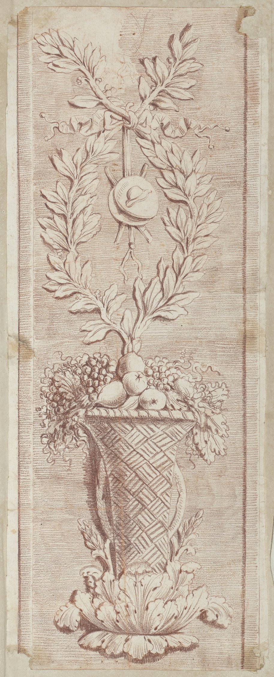 Auflichtaufnahme Rötelzeichnung eines Arabeskenpaneel mit Fruchtkorb und Lorbeerranken