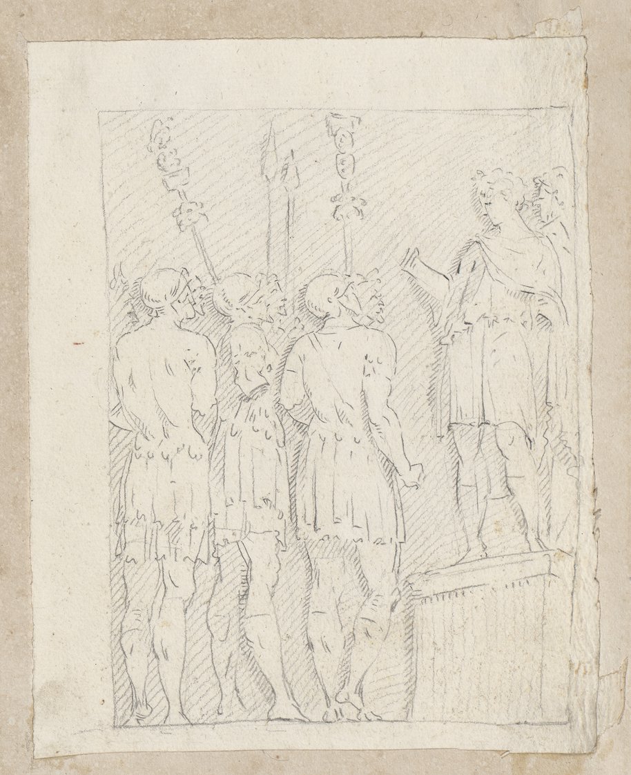 Auflichtaufnahme Kreidezeichnung einer Figurengruppe mit Soldaten und einer Figur auf Podest rechts, südseitiges Attikarelief vom Konstantinsbogen