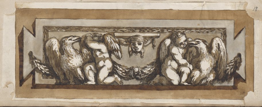 Auflichtaufnahme Braun und grau lavierte Federzeichnung einer Tabula ansata mit Eroten, Adlern, Girlande und Maske