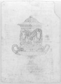 Infrared reflectance photograph Black chalk drawing of the so-called Lyde-Browne vase with detailed drawn bucrania and festoon ornamentation in frontal view, touched up with red chalk