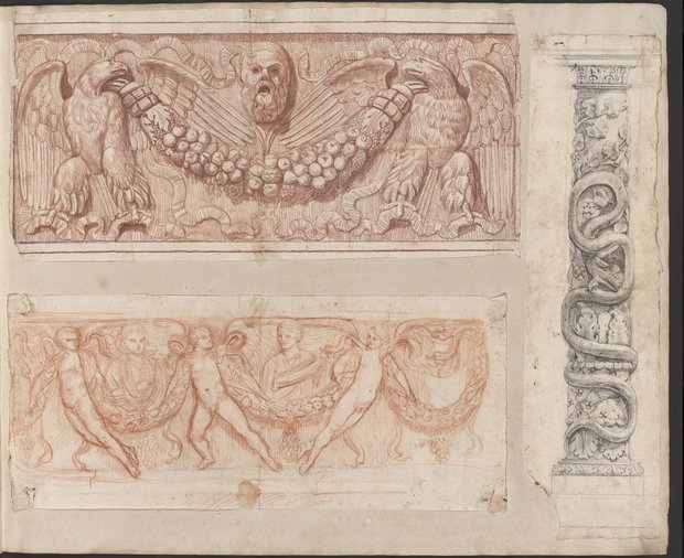 Visible reflectance photograph Relief with bearded mask, column with snake, relief with busts