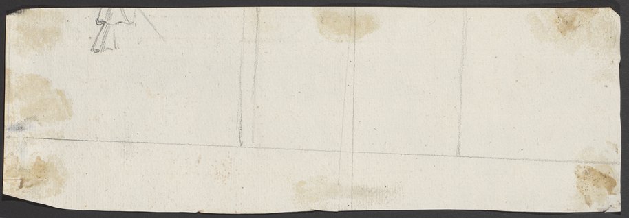 Auflichtaufnahme Fragment einer Zeichnung, eine das ganze Blatt durchlaufende Längslinie, davon zum oberen Blattrand aufsteigend mehrere Orthogonallinien