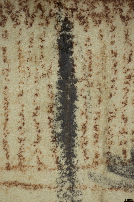 Auflicht-Detailaufnahme, die Linien eines fetthaltigen schwarzen Stifts, vermutlich Kreide, über Rötel zeigt