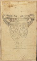 UV false-colour photograph Black chalk drawing with red chalk details of the so-called Stowe vase with Erotes and leafy vine decoration and figural handles