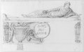 Infrarotreflektografie Kreidezeichnung eines etruskischen Sarkophags, oben mit liegender Figur, unten figürliche Schmuckformen und Inschriftenmedaillon