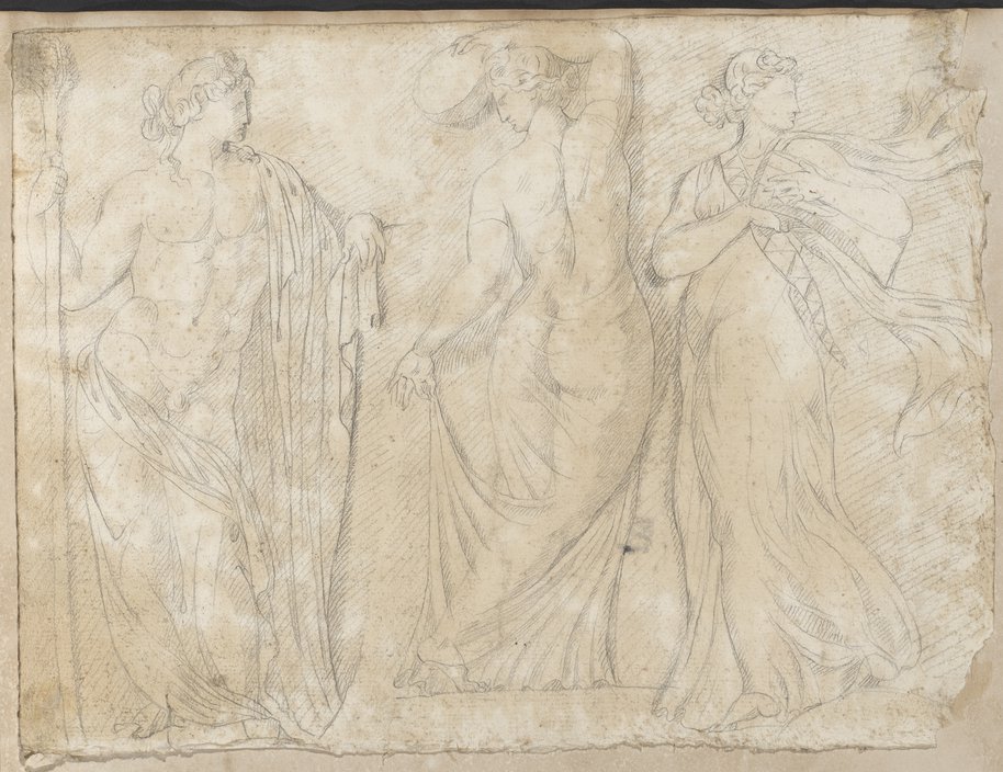 Auflichtaufnahme Kreidezeichnungen dreier Figuren in Frontalansicht, Bacchus, tanzende Mänade und Mänade mit Zither