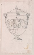 Infrarot-Falschfarben-Aufnahme Frontalansicht einer Vase mit spiegelsymmetrischem Seepferd-Schmuckband mit schwarzer Kreide gezeichnet aus der Sammlung Burghley House