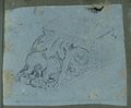 UV fluorescence photograph Perspective drawing of a reclining corbel with seahorse motif, drawn in black chalk