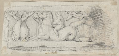 Auflichtaufnahme Schwarze Kreidezeichnung eines Fragments eines Frieses mit Seepferden, Eros, Delphinen und Muschel