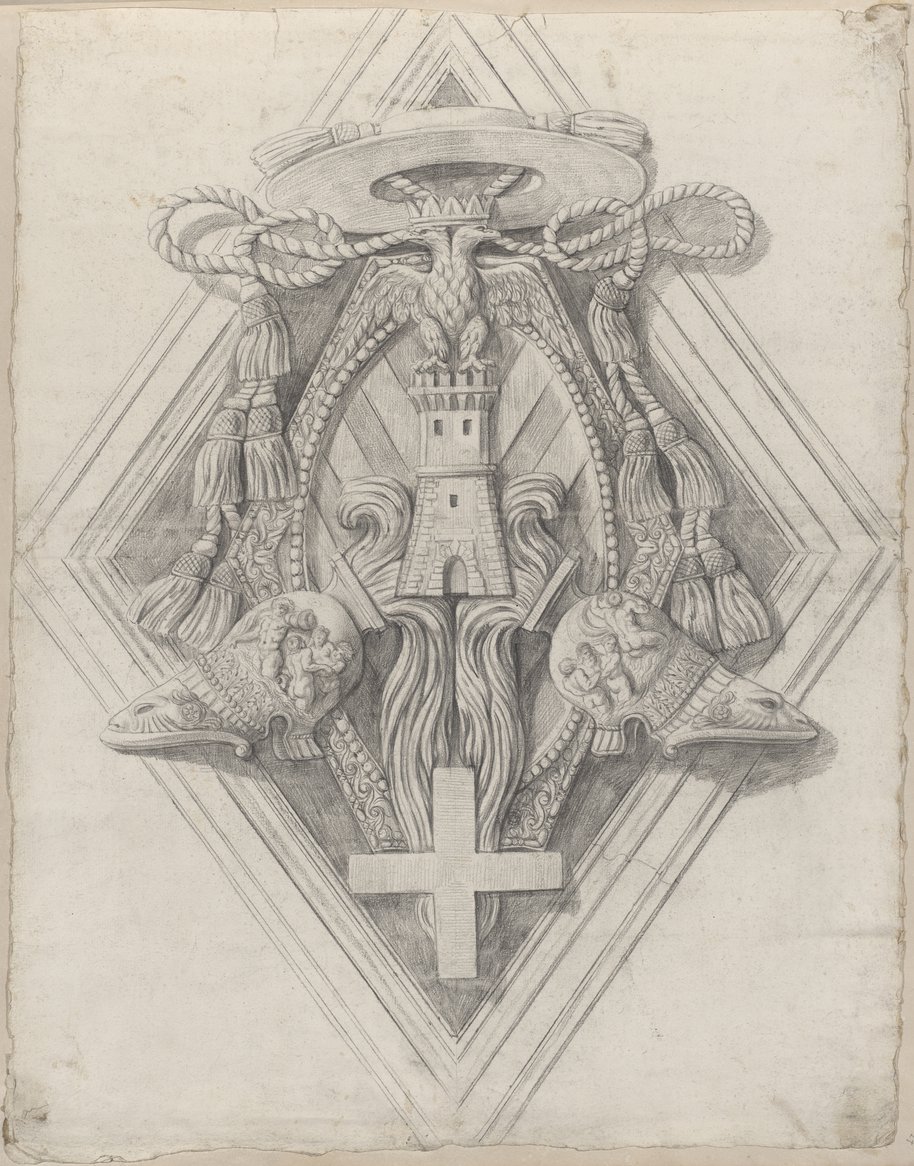 Visible reflectance photograph Design for the stucco ceiling with heraldic cartouche for the church of Santa Maria del Priorato, filled with a Greek cross, trophies, tower and crowned eagle