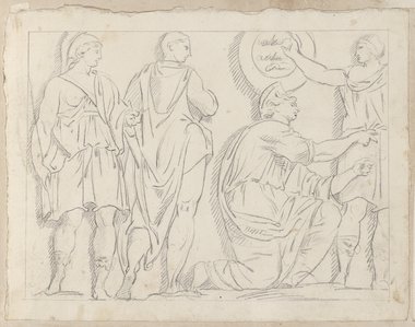 Visible reflectance photograph Black chalk drawing of a group of figures with a central kneeling figure, from a relief from the Villa Medici