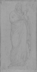 UV-Reflektografie Frontalansicht einer stehenden weiblichen Gewandfigur mit schwarzer Kreide gezeichnet