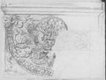 Infrarotreflektografie Schwarze Kreidezeichnung einer Aschenurne mit Girlande, Pansmasken, Rosette mit geflügeltem Medusenhaupt und Bukranion, überwiegend nur die linke Hälfte detailliert ausgeführt
