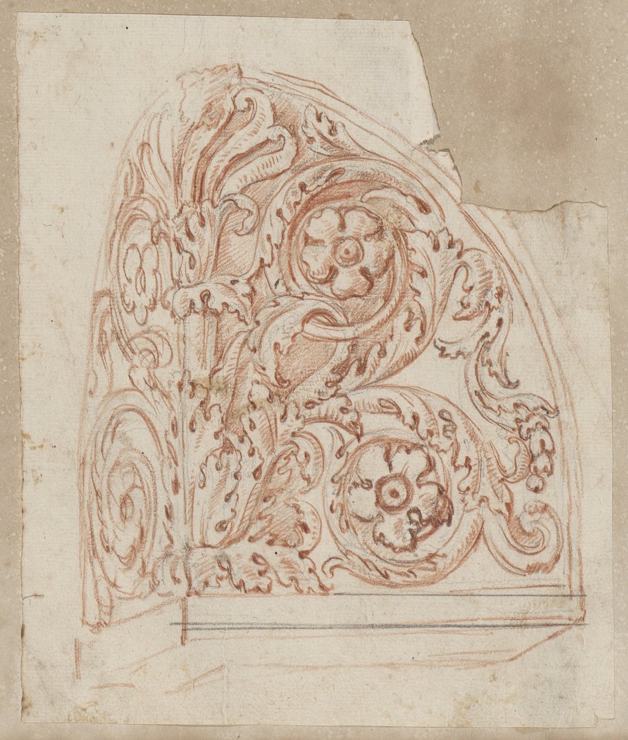 Visible reflectance photograph Red chalk drawing of an acroterion with acanthus ornamentation