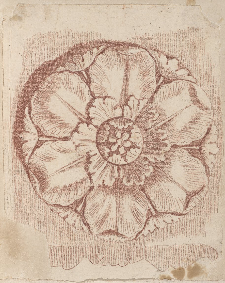 Auflichtaufnahme Rötelzeichnung einer floral gestalteten Rosette, möglicherweise von der Kirche Santa Maria del Popolo
