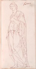Infrarot-Falschfarben-Aufnahme Federzeichnung einer weiblichen stehenden Figur, der Flora Farnese, mit einem Kranz in der Hand