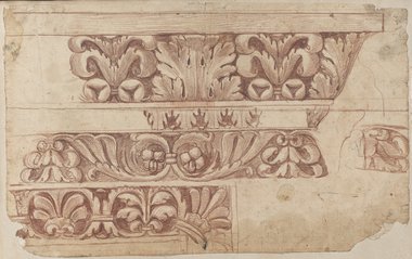 Auflichtaufnahme Rötel- und Kreidezeichnung dreier untereinander angeordneter Abschnitte von Blattwerk- und Palmettenfriesen aus der Domus Flavia auf dem Palatin