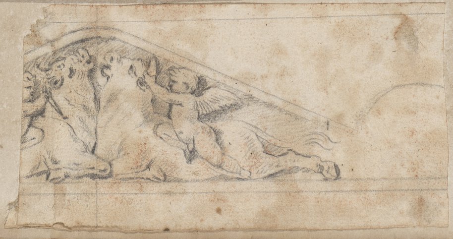 Auflichtaufnahme Mit schwarzer Kreide gezeichneter rechter Teil eines Sarkophaggiebels mit Stiere opfernden Eroten