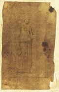 Durchlicht-Aufnahme Mit schwarzer Kreide gezeichnetes Fragment eines Reliefs mit einer weiblichen Figur in Profilansicht aus einer Isisprozession