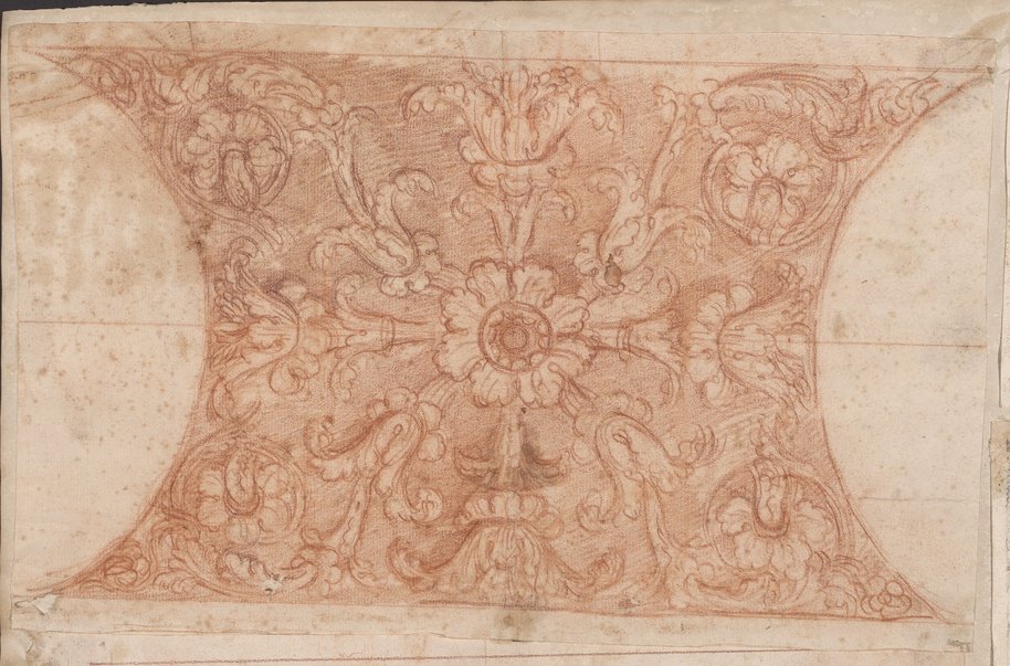 Auflichtaufnahme Mit Rötel gezeichnete Soffitte mit Blattranken und zentraler Blüte aus der Hadriansvilla in Tivoli