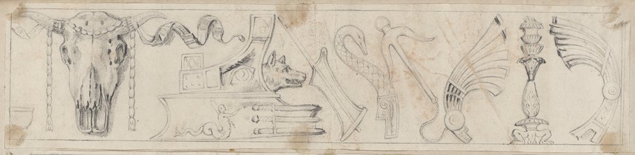 Auflichtaufnahme Abschnitt eines Frieses mit Bukranien, kultischen Geräten und Schiffstrophäen aus dem Konservatorenpalast, mit schwarzer Kreide gezeichnet