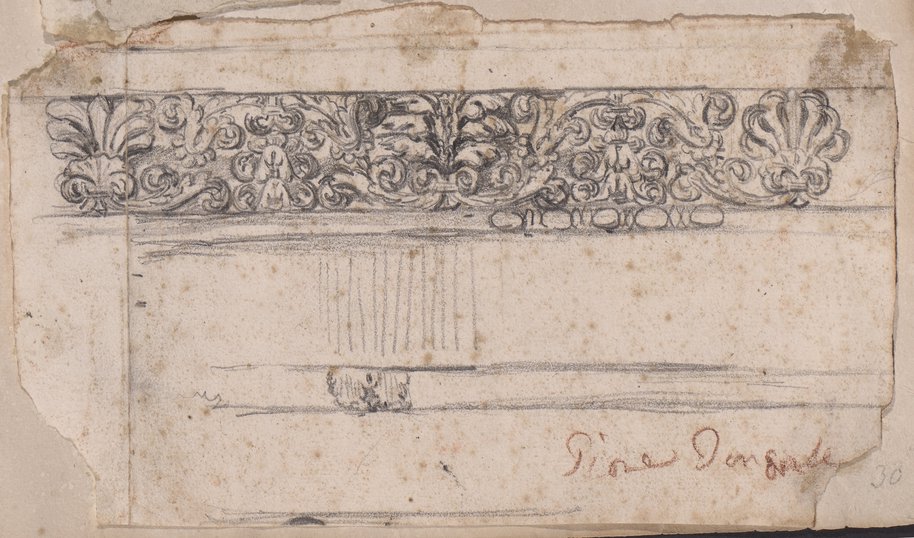 Auflichtaufnahme Kreidezeichnung eines Wellenrankenfrieses mit Akanthus, Palmette und Lotosblüte vom Vespasianstempel unten rechts mit handschriftlichem Vermerk von Giovanni Battista Piranesi