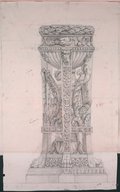Infrarot-Falschfarben-Aufnahme Aufsicht vom reich mit Ornamenten geschmückten Dreifuß des Apoll mit Schlange in schwarzer Kreide, Graphit und Rötel gefertigt