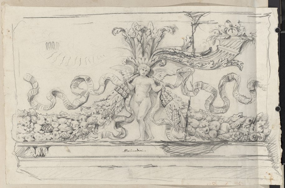 Auflichtaufnahme Aldobrandini-Relief mit Eros, Fruchtgirlanden und Füllhörnern, mit schwarzer Kreide gezeichnet