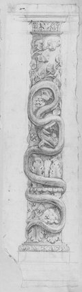Infrared reflectance photograph Column with bearded snake, vine and leaf motifs, drawn in black pen