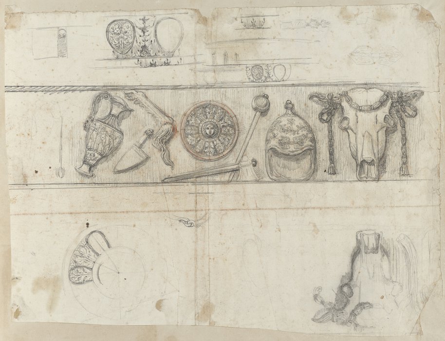 Auflichtaufnahme Schwarze Kreidezeichnung eines Frieses  unter anderem mit Bukranion, Prunkhelm, Amphore und weitere Detailstudien vom Vespasianstempel auf dem Forum Romanum