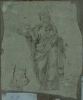 UV-Fluoreszenz-Aufnahme Kreidezeichnung der bärtigen Männerfigur des Paulus mit zum Segensgestus ausgestrecktem rechten Arm und Schwert in der linken Hand, von der Marc-Aurel-Säule. Links daneben Rötelzeichnung eines Fußes in Sandale
