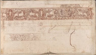 Auflichtaufnahme Rötelzeichnung eines Rankenfrieses mit Eroten, Löwen, Hirschkühen und Stieren und vergrößerten Figurendetails aus der Domus Flavia auf dem Palatin