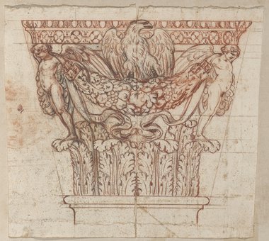 Auflichtaufnahme Kapitell mit geflügelten Genien, Girlande und Adler aus dem Palazzo Massimo in Rötel über schwarzer Kreide gefertigt