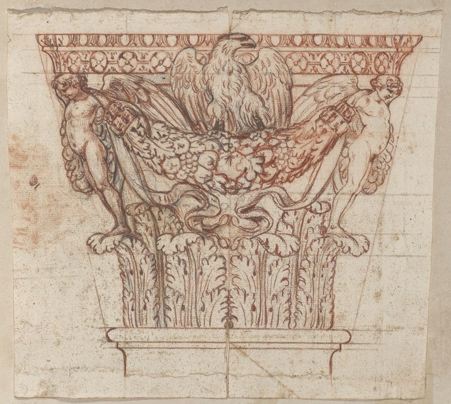 Visible reflectance photograph Capital with winged genii, garland and eagle, drawn in red chalk over black chalk, from Palazzo Massimo