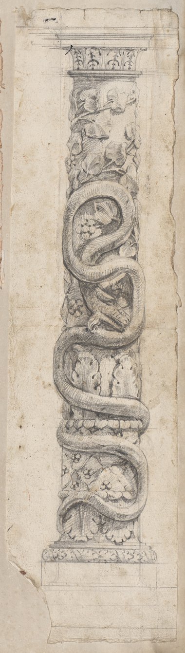Auflichtaufnahme Säule mit Blattwerk und bärtiger Schlange, mit schwarzem Stift gezeichnet