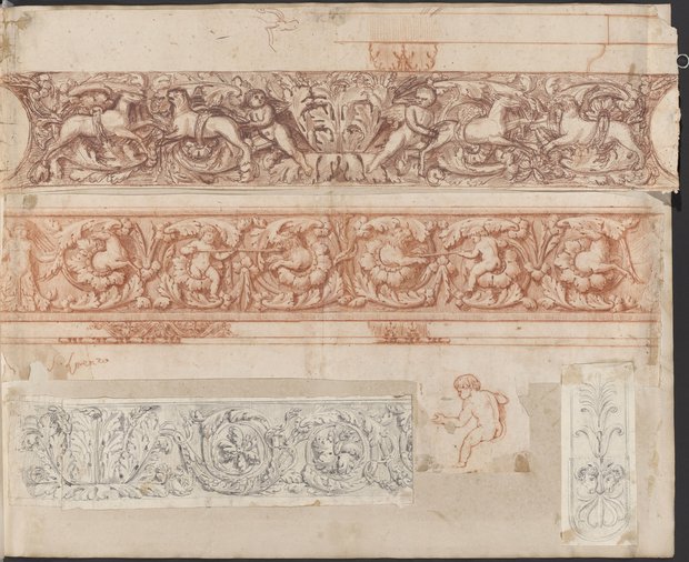 Auflichtaufnahme Drei Friese geschmückt mit Eroten, Löwen, Hirschkuh, eine Pteryges