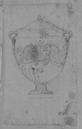 UV-Reflektografie Frontalansicht einer Vase mit spiegelsymmetrischem Seepferd-Schmuckband mit schwarzer Kreide gezeichnet aus der Sammlung Burghley House