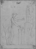 UV reflectance photograph Profile view of a female figure offering sacrifice in front of an altar decorated with a statuette, drawn with pen and chalk, from the Mattei Collection